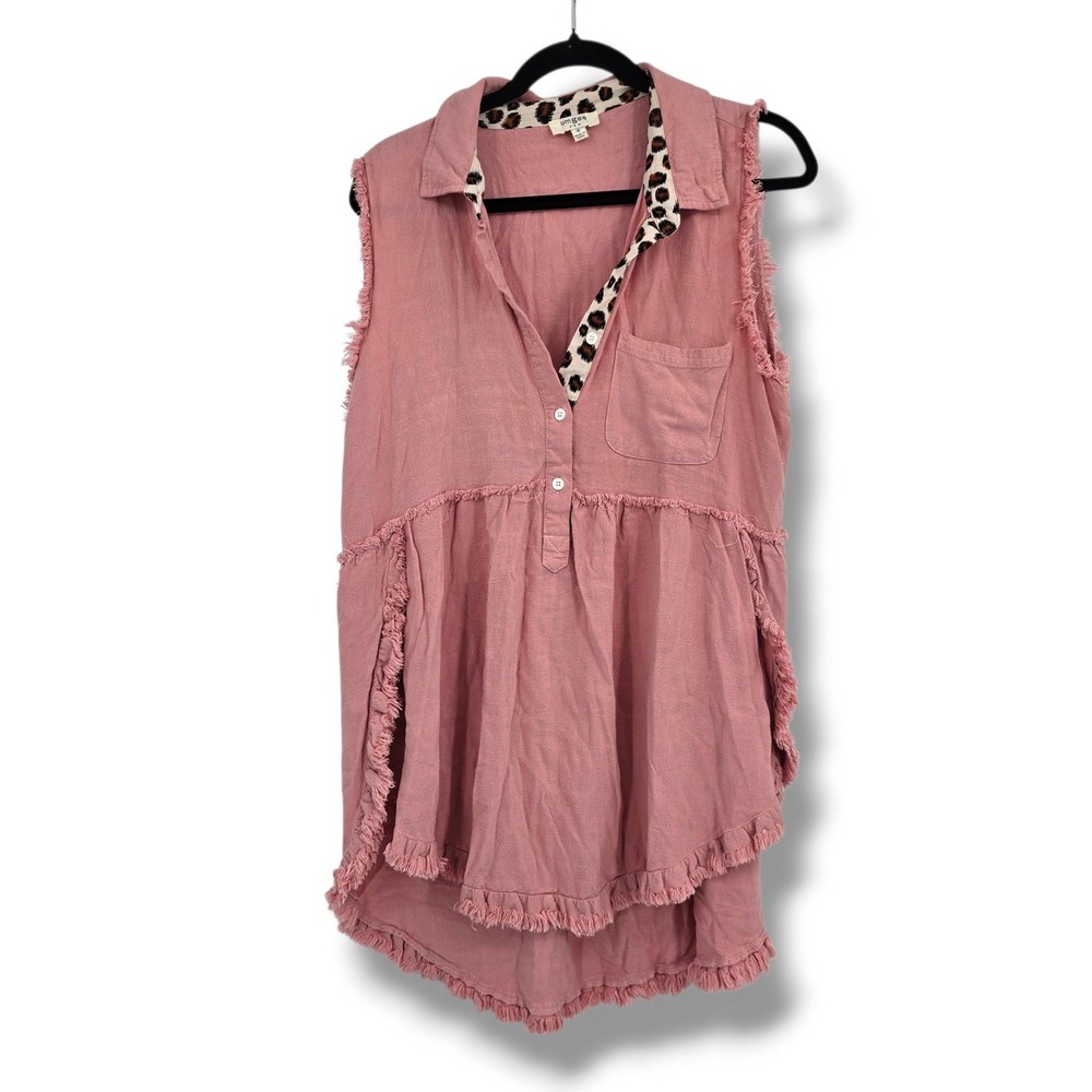 Umgee Pink Linen Blend Sleeveless Frayed Tunic Top Leopard Trim C2668 Medium